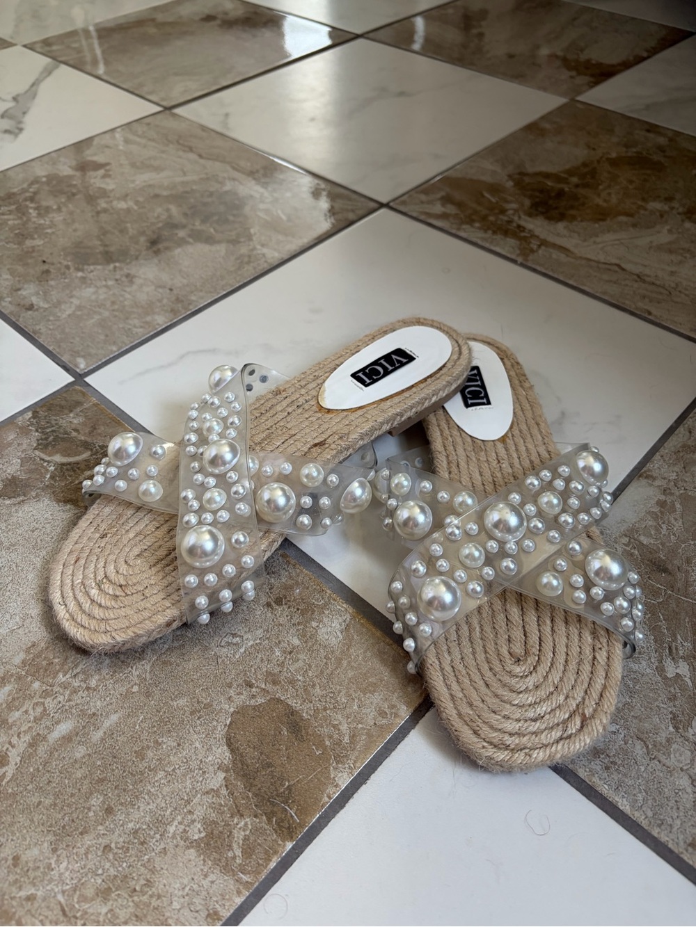 Vici Pearl-Embellished Clear Cross-Strap Tan Slide Mules